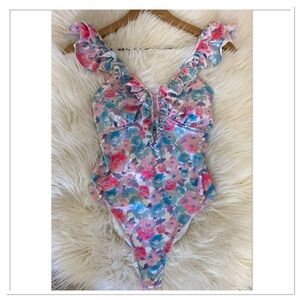 LoveShackFancy Floral One Piece Swimsuit - Pink and Blue
